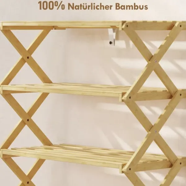 Tøj- & Garderobeopbevaring>Natorleg Bambus Skoreol med 4 Niveauer - Klar til brug Foldbar Skohylde til Entré - 60 x 29 x 67 cm, Naturfarvet