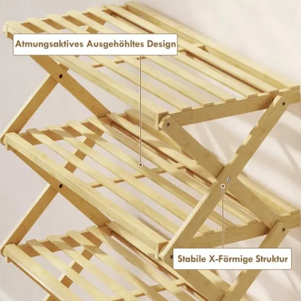 Tøj- & Garderobeopbevaring>Natorleg Bambus Skoreol med 4 Niveauer - Klar til brug Foldbar Skohylde til Entré - 60 x 29 x 67 cm, Naturfarvet
