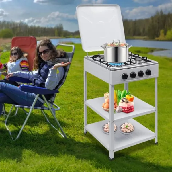 Komfurer>Nødkomfur - Udendørs gaskomfur med 4 blus - Opbevaringshylde - Naturgas/LPG - 49×49×79 cm - Jern - 9 kg - Rød