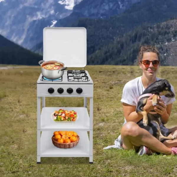 Komfurer>Nødkomfur - Udendørs gaskomfur med 4 blus - Opbevaringshylde - Naturgas/LPG - 49×49×79 cm - Jern - 9 kg - Rød