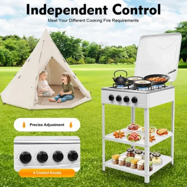 Komfurer>Nødkomfur - Udendørs gaskomfur med 4 blus - Opbevaringshylde - Naturgas/LPG - 49×49×79 cm - Jern - 9 kg - Rød