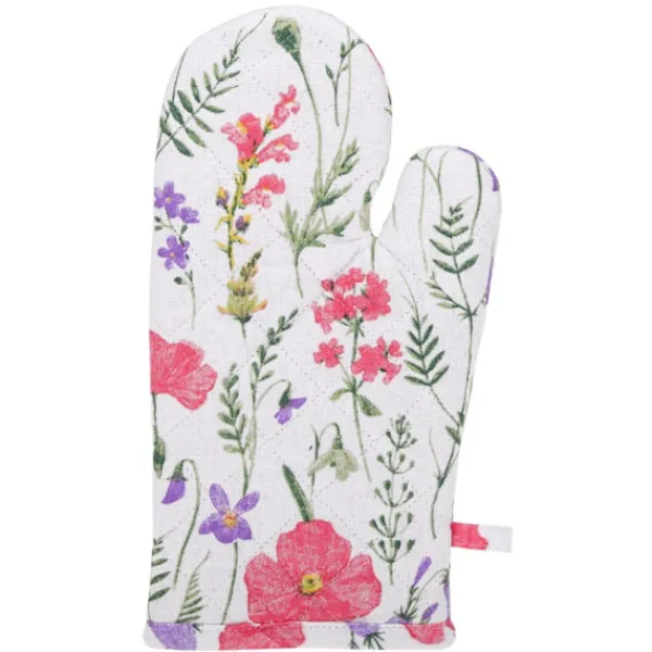 NICOLE tyk tekstil ovnhandske, 100% bomuld, art. 52343, mønster 5, hvid med farverige blomster og grønne kviste Clearance