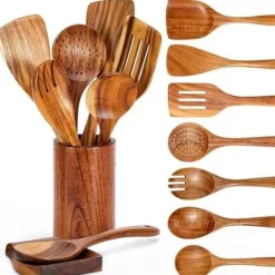 OBOSOE 9 Stykke Teak Køkkengrej Sæt - Træspatel, øse, gaffel osv. med opbevaringskrukke og skestativ, til non-stick pander New