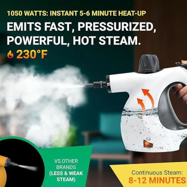 Damprensere>OBOSOE håndholdt damprenser 1050W – 6 dyser, 3.0 bar tryk, 350 ml vandtank til dyb rengøring derhjemme