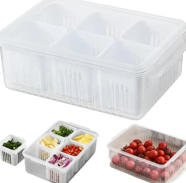 Beholdere Til Madopbevaring>OBOSOE 6-i-1 køleboks - Plastbeholder med låg til grøntsager og frugter | Frisk afløbsboks til køkken
