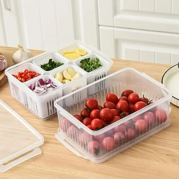 Beholdere Til Madopbevaring>OBOSOE 6-i-1 køleboks - Plastbeholder med låg til grøntsager og frugter | Frisk afløbsboks til køkken