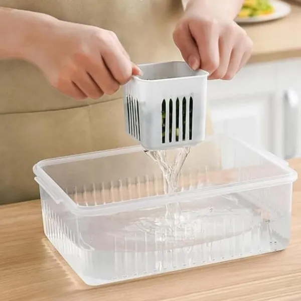 Beholdere Til Madopbevaring>OBOSOE 6-i-1 køleboks - Plastbeholder med låg til grøntsager og frugter | Frisk afløbsboks til køkken
