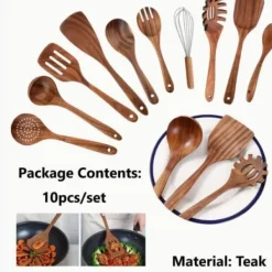 Køkkenudstyrssæt>OBOSOE køkkentilbehør i træ, køkkenredskabssæt i teaktræ, non-stick og ergonomisk design