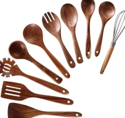 Køkkenudstyrssæt>OBOSOE køkkentilbehør i træ, køkkenredskabssæt i teaktræ, non-stick og ergonomisk design