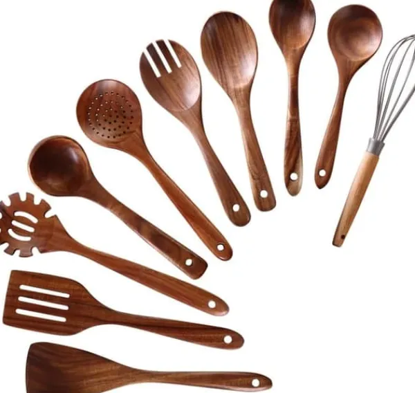 Køkkenudstyrssæt>OBOSOE køkkentilbehør i træ, køkkenredskabssæt i teaktræ, non-stick og ergonomisk design