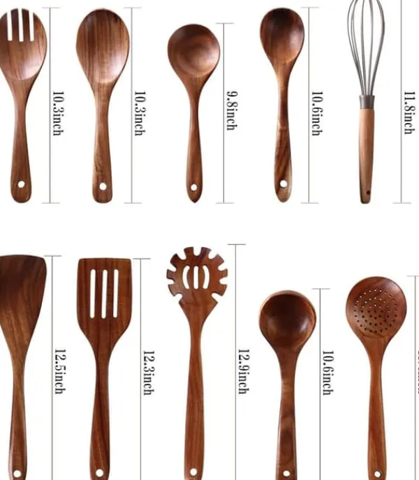 Køkkenudstyrssæt>OBOSOE køkkentilbehør i træ, køkkenredskabssæt i teaktræ, non-stick og ergonomisk design