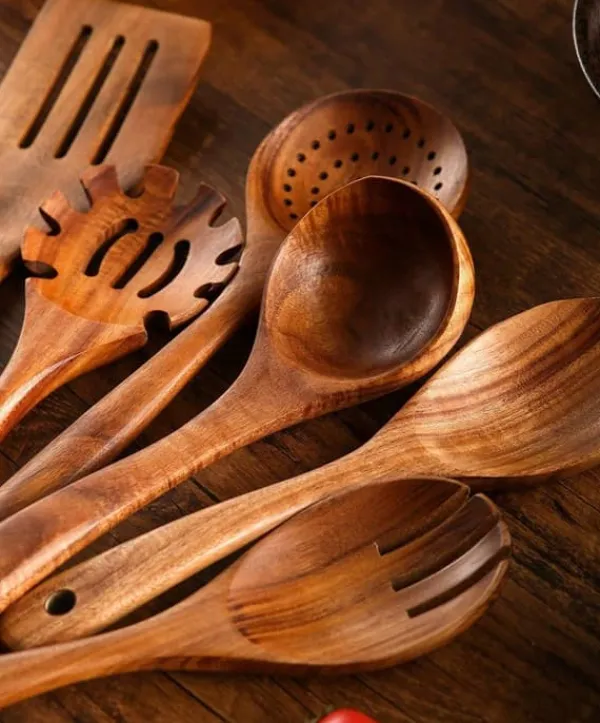 Køkkenudstyrssæt>OBOSOE køkkentilbehør i træ, køkkenredskabssæt i teaktræ, non-stick og ergonomisk design