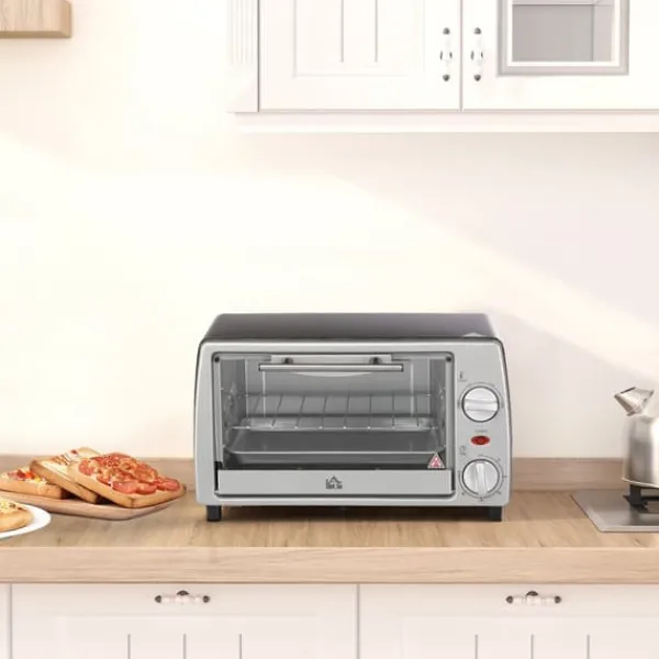 OBOSOE 10L elektrisk ovn – justerbar temperatur, 750W, timer, grill og stegepande, kompakt design, sølv og sort Hot
