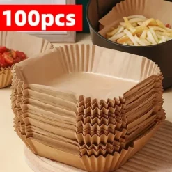 Bagning>OBOSOE 100-Pack Air Fryer Paper - Non-Stick bagepapir til Airfryer, ovn og mikroovn, let at rengøre, tidsbesparende