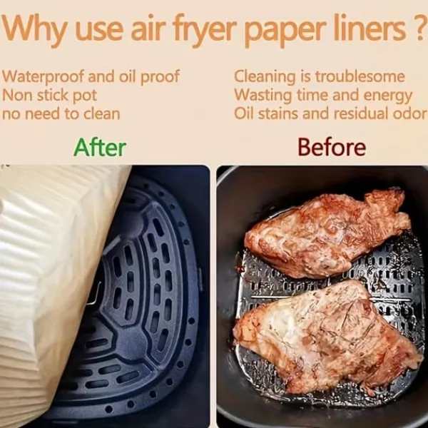Bagning>OBOSOE 100-Pack Air Fryer Paper - Non-Stick bagepapir til Airfryer, ovn og mikroovn, let at rengøre, tidsbesparende