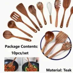 OBOSOE træskeer til madlavning - 10-pak naturligt teaktræværktøj | Skånsom mod non-stick fartøjer | Behageligt greb - køkkengrej sæt Discount
