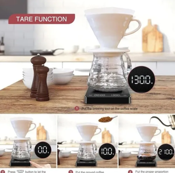 Køkkenvægte>OBOSOE USB-genopladelig digital kaffevægt med høj præcision og timer – til espresso, pour-over og hjemmebagning