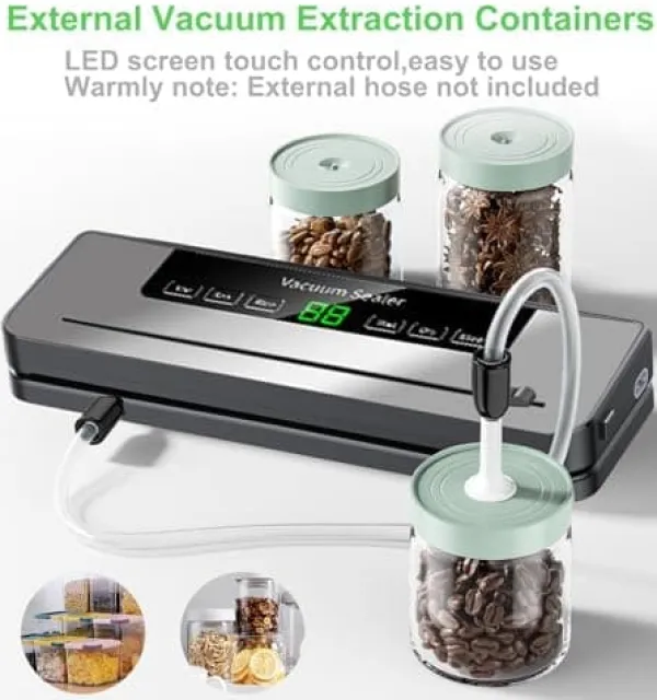 Vakuumpakkere>OBOSOE Vacuum Packer 6-i-1 – Digital LED-skærm med nedtælling, til både tørre og fugtige fødevarer, 10 vakuumposer