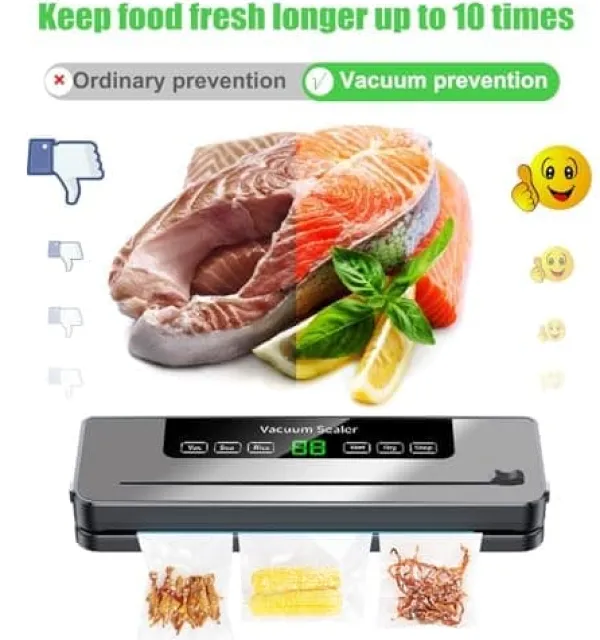 Vakuumpakkere>OBOSOE Vacuum Packer 6-i-1 – Digital LED-skærm med nedtælling, til både tørre og fugtige fødevarer, 10 vakuumposer