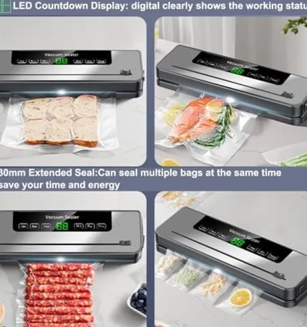 Vakuumpakkere>OBOSOE Vacuum Packer 6-i-1 – Digital LED-skærm med nedtælling, til både tørre og fugtige fødevarer, 10 vakuumposer