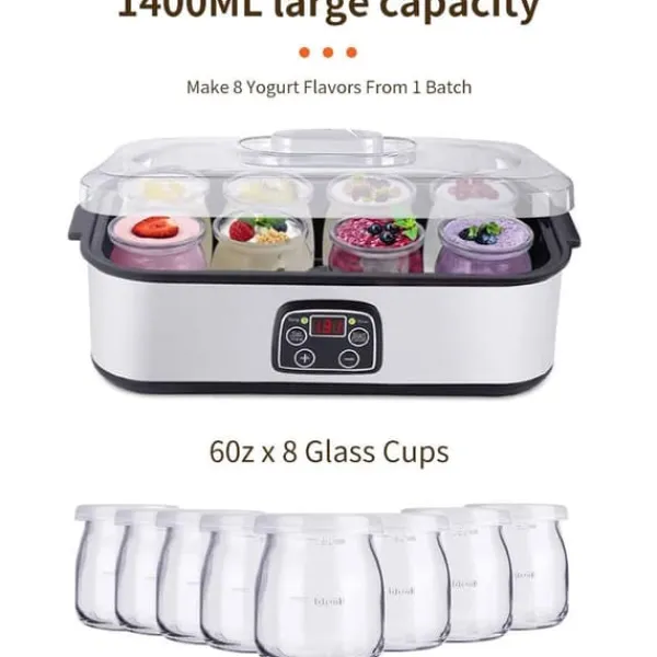 Yogurtmaskiner>OBOSOE yoghurtmaskine 1400ML med 8 glas, justerbar temperatur og tid, automatisk maskine med LCD-skærm
