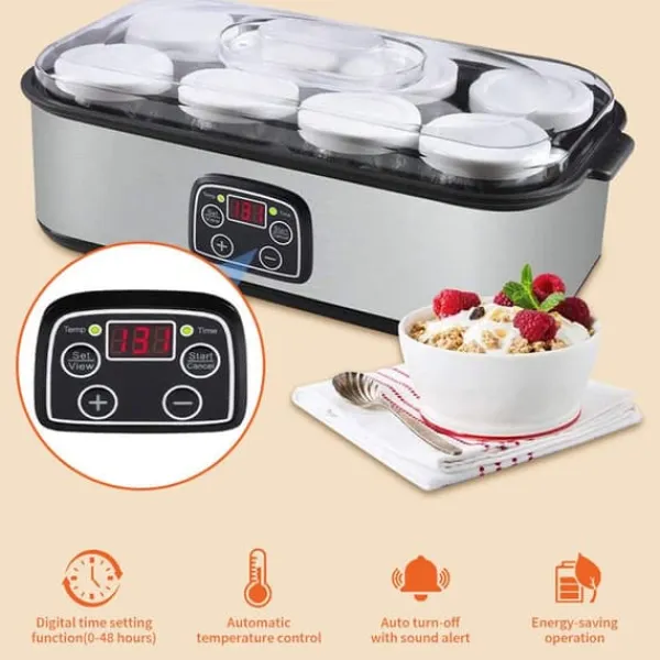 Yogurtmaskiner>OBOSOE yoghurtmaskine 1400ML med 8 glas, justerbar temperatur og tid, automatisk maskine med LCD-skærm