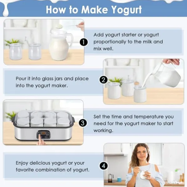Yogurtmaskiner>OBOSOE yoghurtmaskine 1400ML med 8 glas, justerbar temperatur og tid, automatisk maskine med LCD-skærm