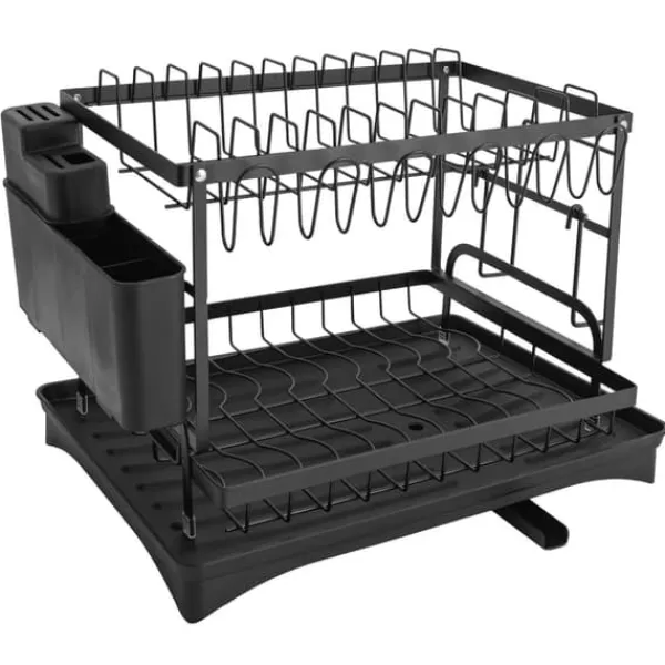 Opvaskestativer & Tørrestativer>Opvaskestativ til køkkenbord - Tørrestativ til service - To Niveauer - Afløbstud - Bestikholder - Drypbakke - 42x30x29 cm - Sort