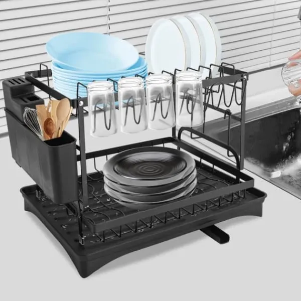Opvaskestativer & Tørrestativer>Opvaskestativ til køkkenbord - Tørrestativ til service - To Niveauer - Afløbstud - Bestikholder - Drypbakke - 42x30x29 cm - Sort