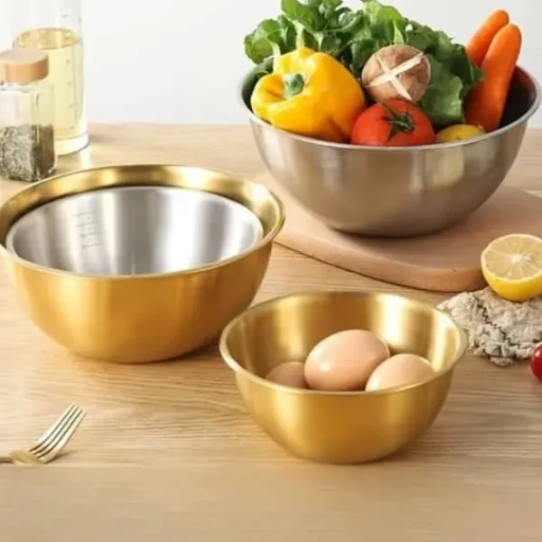 3-pak skåle i rustfrit stål - til bagning, madlavning, salat, frugt, blanding (guld) Discount