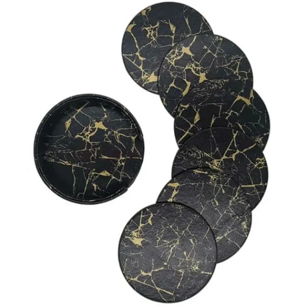 6-pakke reversible glasbaser sort marmor PU med indehaver Best