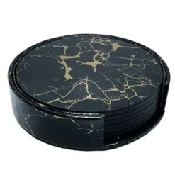 6-pakke reversible glasbaser sort marmor PU med indehaver Best