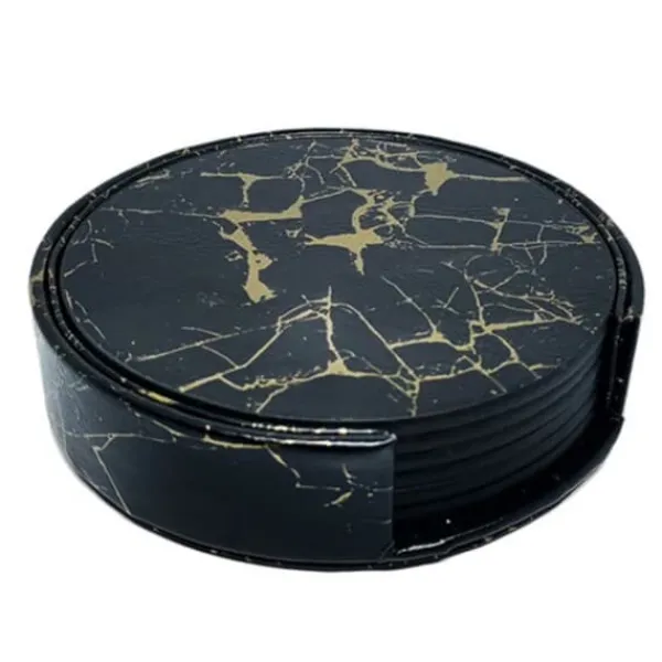 6-pakke reversible glasbaser sort marmor PU med indehaver Best