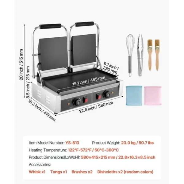 Brødristere, Raclettegrills Og Sandwichtoastere>Panini Grill, 3600W Elektrisk Sandwich Maker, Rustfrit Stål Dobbelt Presse, 48x23cm Emaljeplade