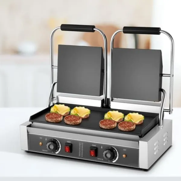 Brødristere, Raclettegrills Og Sandwichtoastere>Panini Grill, 3600W Elektrisk Sandwich Maker, Rustfrit Stål Dobbelt Presse, 48x23cm Emaljeplade