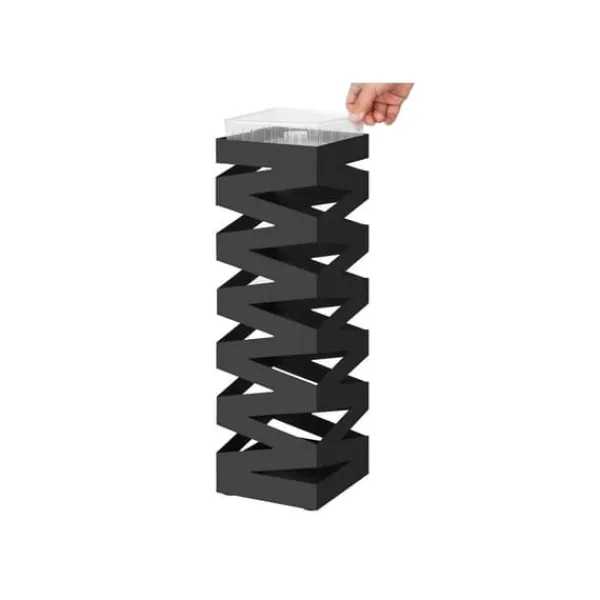 Opbevaringskroge & Hylder>Paraplyholder - metal - firkant - 4 kroge - med aftagelig vandopsamlingsboks - 15,5 x 15,5 x 49 cm - sort