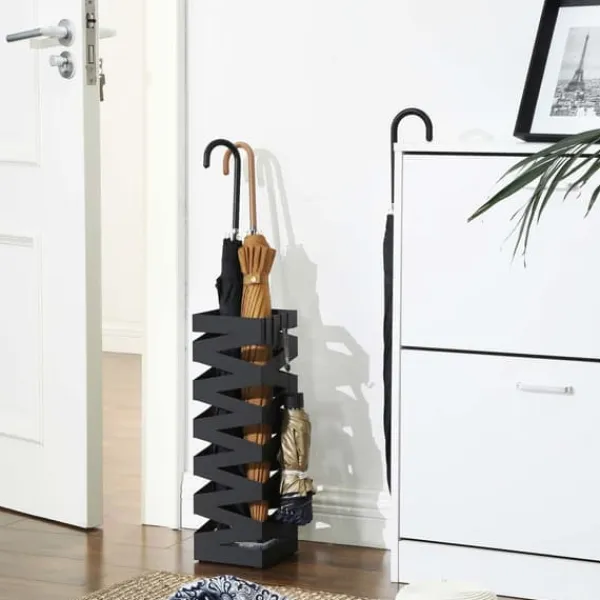 Opbevaringskroge & Hylder>Paraplyholder - metal - firkant - 4 kroge - med aftagelig vandopsamlingsboks - 15,5 x 15,5 x 49 cm - sort