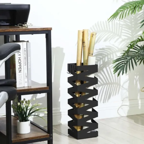 Opbevaringskroge & Hylder>Paraplyholder - metal - firkant - 4 kroge - med aftagelig vandopsamlingsboks - 15,5 x 15,5 x 49 cm - sort