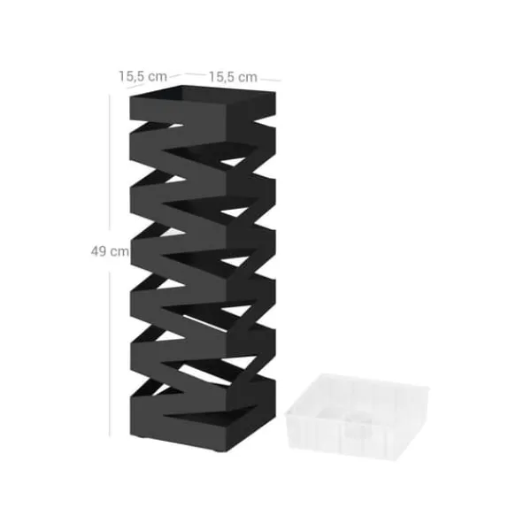 Opbevaringskroge & Hylder>Paraplyholder - metal - firkant - 4 kroge - med aftagelig vandopsamlingsboks - 15,5 x 15,5 x 49 cm - sort