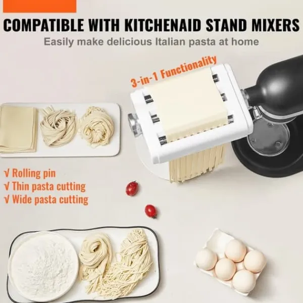 Pasta-tilbehør til KitchenAid, 3-i-1 rustfrit stål sæt med pastarulle, spaghetti og fettuccine cutter. Justerbar tykkelse. Online