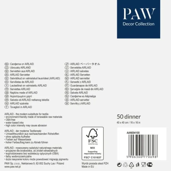 Papirservietter>PAW Professionel middagsserviet Subtle Grid Sølv, 1-lags servietter 40x40 cm 1/4-fold, 50 stk. pr. pakke. Lavet af AIRLAID