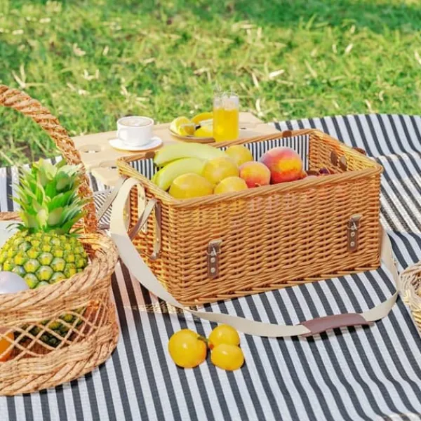 Beholdere Til Mad & Drikkevarer>Picnickurv i pil til 4, tæppe & bestik, flaskeåbner & bord, komplet sæt, lysebrun