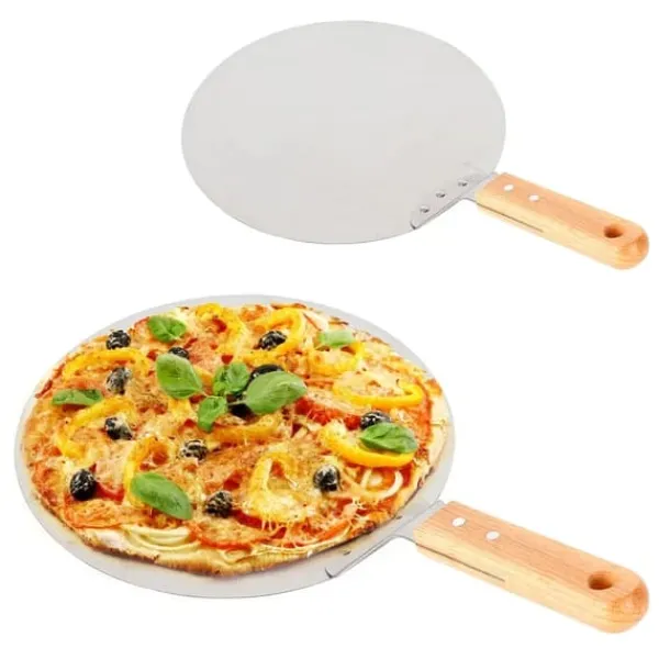 Pizzaspade til pizzaovn - Pizza peel - Rustfrit stål - Træskaft - Flade 25,5 x 30 cm - Længde 43,5 cm - Sølv Hot