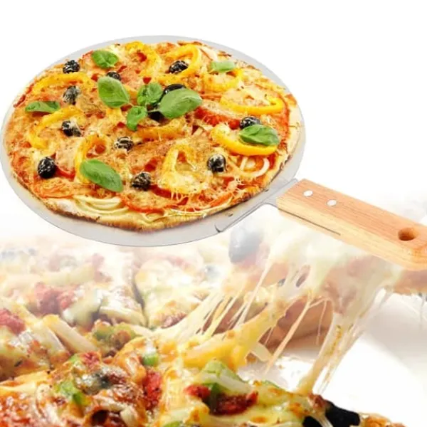 Pizzaspade til pizzaovn - Pizza peel - Rustfrit stål - Træskaft - Flade 25,5 x 30 cm - Længde 43,5 cm - Sølv Hot