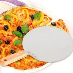 Pizzaspade til pizzaovn - Pizza peel - Rustfrit stål - Træskaft - Flade 25,5 x 30 cm - Længde 43,5 cm - Sølv Hot