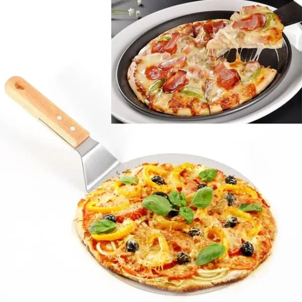 Pizzaspade til pizzaovn - Pizza peel - Rustfrit stål - Træskaft - Flade 25,5 x 30 cm - Længde 43,5 cm - Sølv Hot
