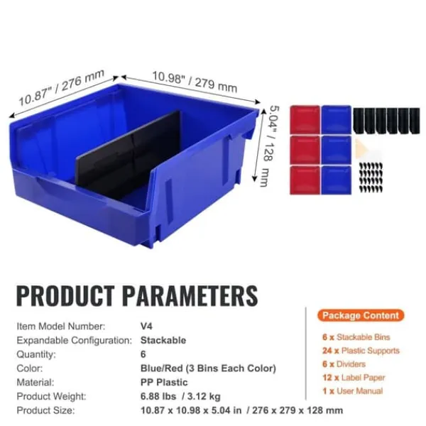 Opbevaringsæsker Til Hjemmet>Plastopbevaringskasser (11"x11"x5") i blå/rød, 6-pak, hængende og stabelbare. Ideelle til skab, køkken og kontoroplægning.