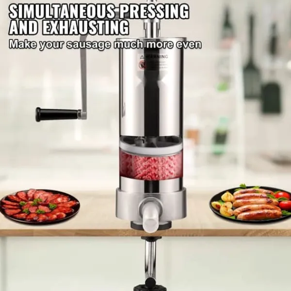 Madlavningsmaskiner>Pølsestopper i 5 lbs/3L kapacitet, lavet af 304 rustfrit stål, med 3 fyldrør og manuel håndsving. Ideel til husholdning eller erhverv.