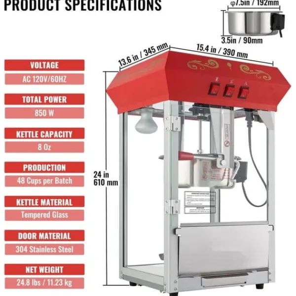 Popcorn Popper Maskine 850W, 8 Oz Bordplade Model, Rød, Kan Lave 48 Kopper Hurtig og Effektiv. Discount