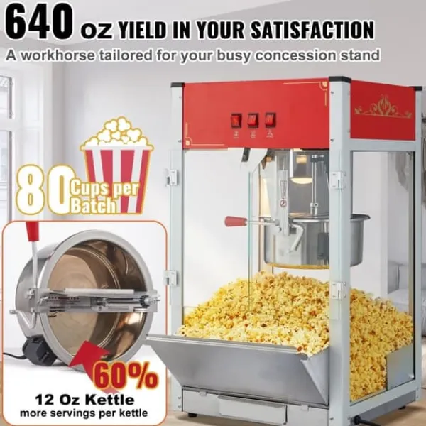 Popcornmaskiner>Popcorn Popper Maskine, 1440W Bordplade Popcorn Maker, 12 oz, 80 kopper, Rød, hurtig opvarmning, perfekt til fester.